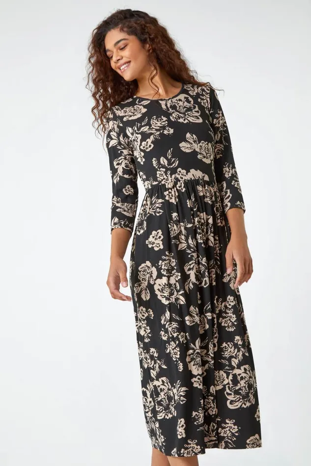 Black Floral Pocket Stretch Midi Dress Women Roman Dresses