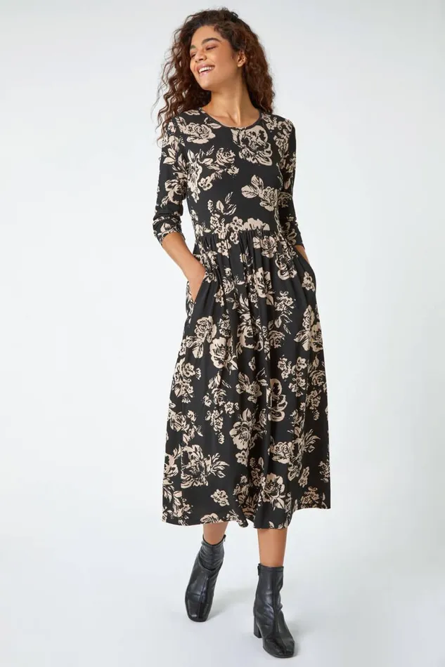Black Floral Pocket Stretch Midi Dress Women Roman Dresses