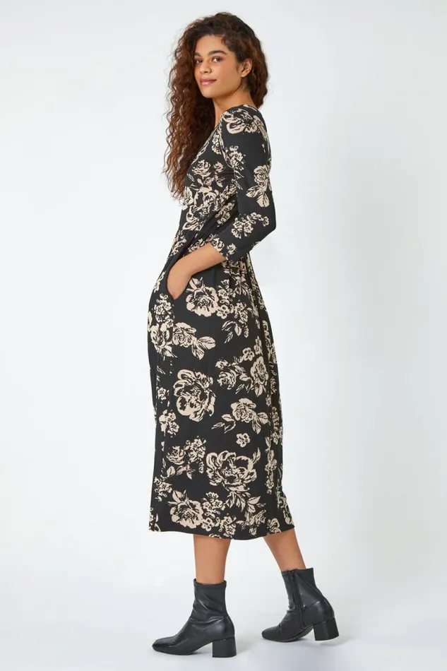 Black Floral Pocket Stretch Midi Dress Women Roman Dresses