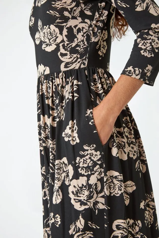 Black Floral Pocket Stretch Midi Dress Women Roman Dresses