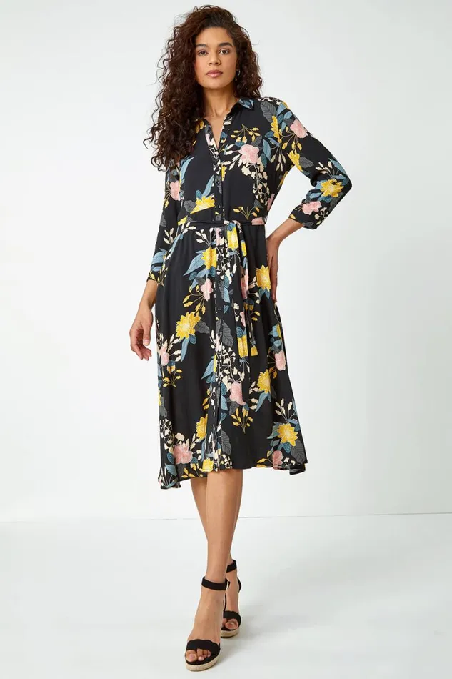 Black Floral Print Midi Shirt Dress Women Roman Dresses