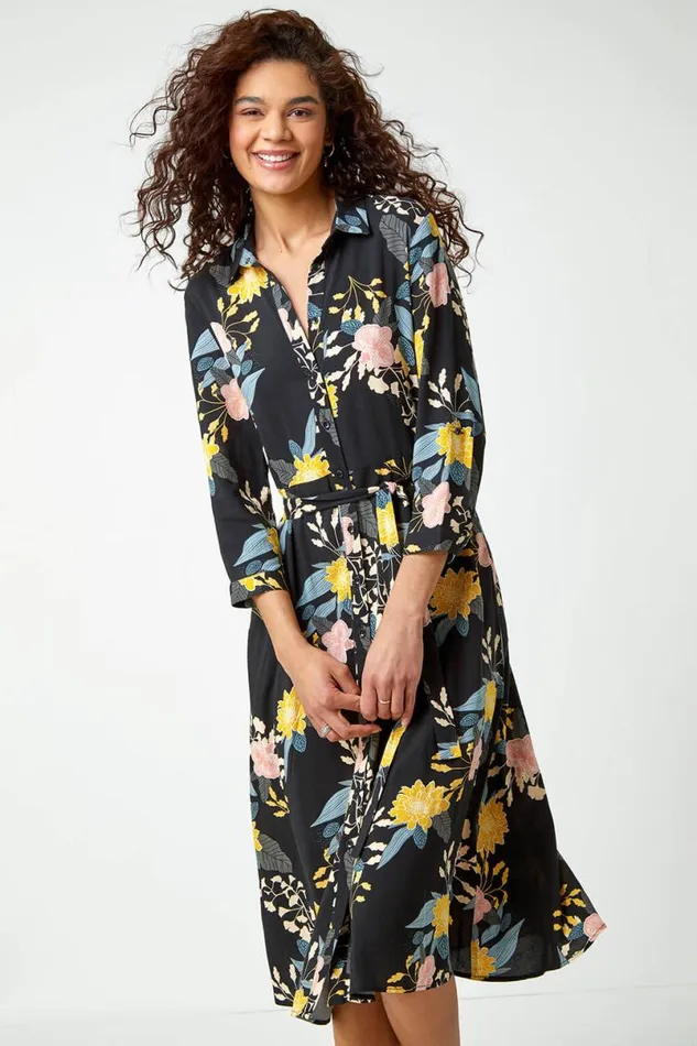 Black Floral Print Midi Shirt Dress Women Roman Dresses