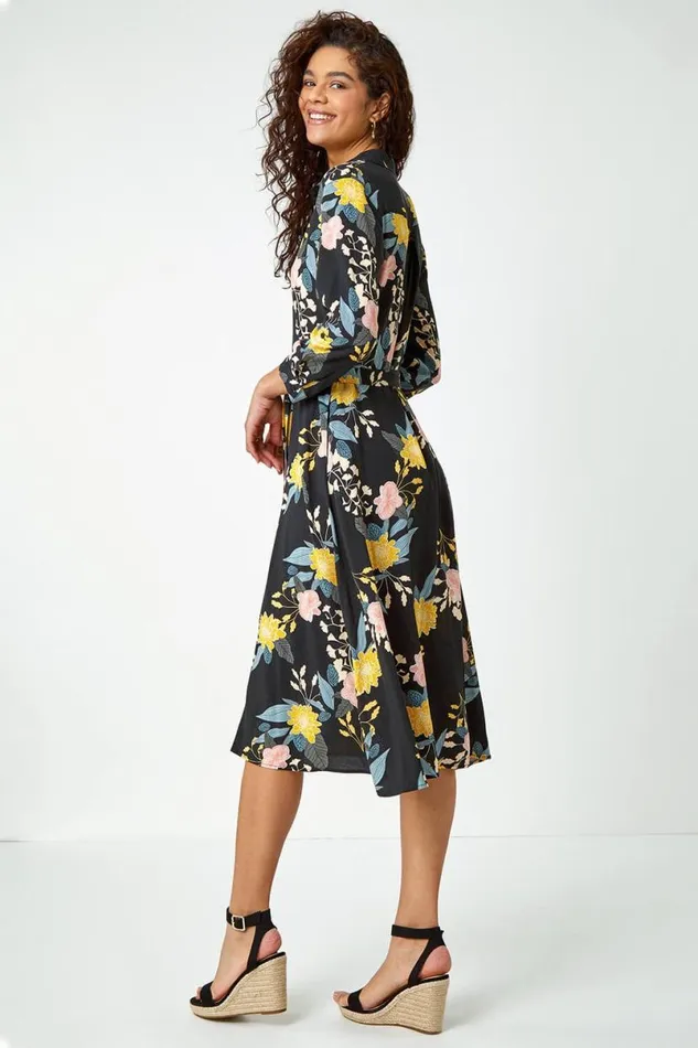 Black Floral Print Midi Shirt Dress Women Roman Dresses