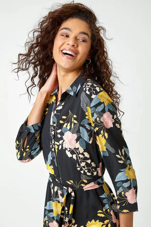 Black Floral Print Midi Shirt Dress Women Roman Dresses