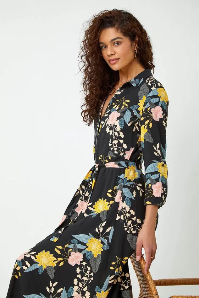 Black Floral Print Midi Shirt Dress Women Roman Dresses