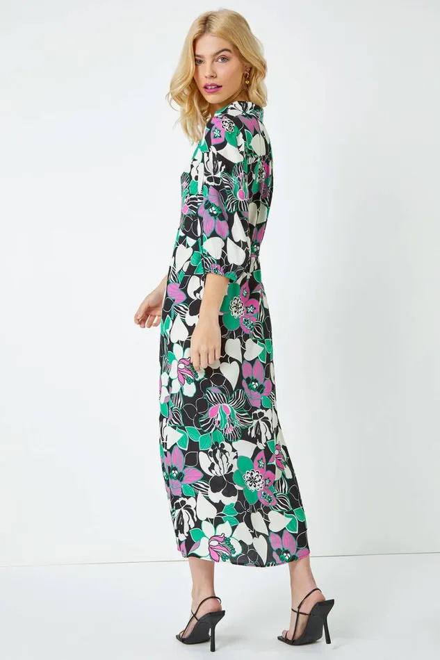 Black Floral Twist Front Maxi Shirt Dress Women Roman Dresses