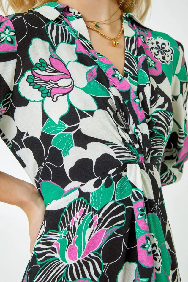 Black Floral Twist Front Maxi Shirt Dress Women Roman Dresses