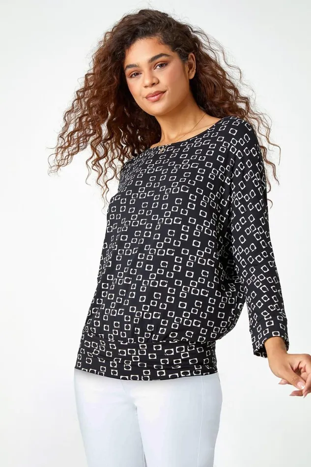 Black Geometric Print Blouson Stretch Top Women Roman Tops