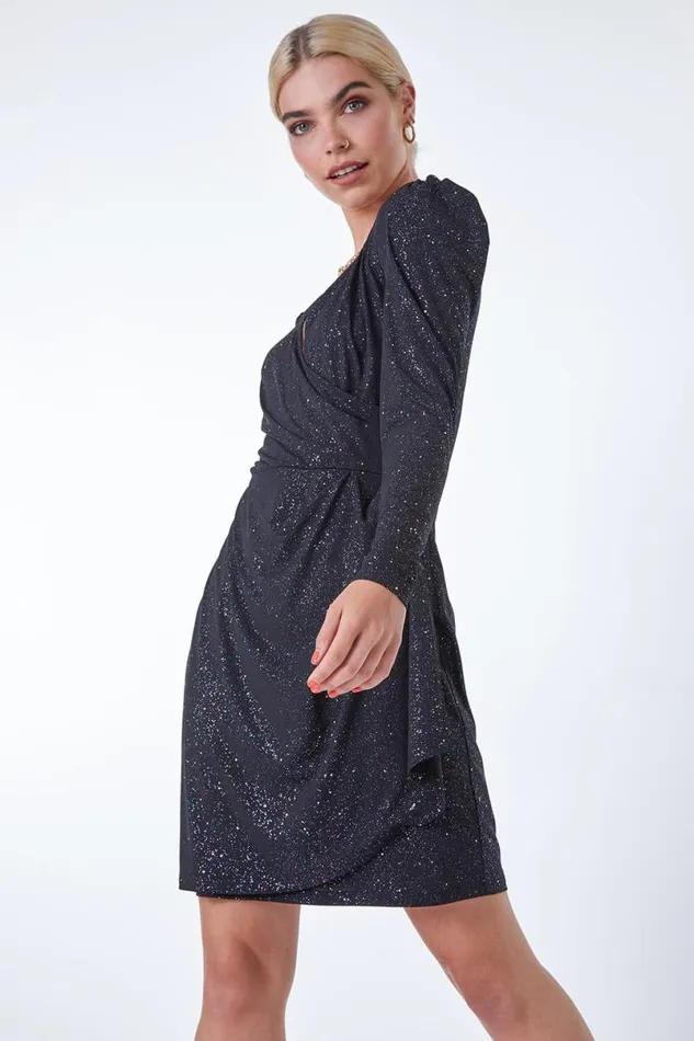 Black Glitter Mini Wrap Dress Women Roman Dresses
