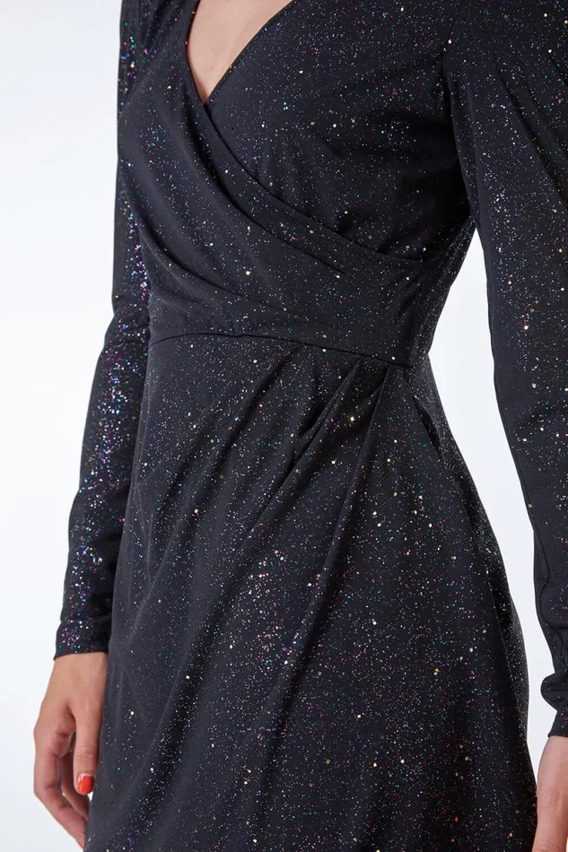 Black Glitter Mini Wrap Dress Women Roman Dresses