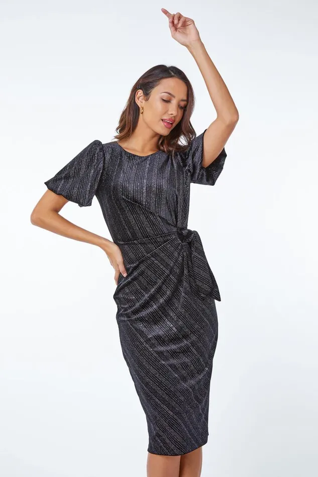 Black Glitter Velvet Puff Sleeve Ruched Midi Dress Women Roman Dresses
