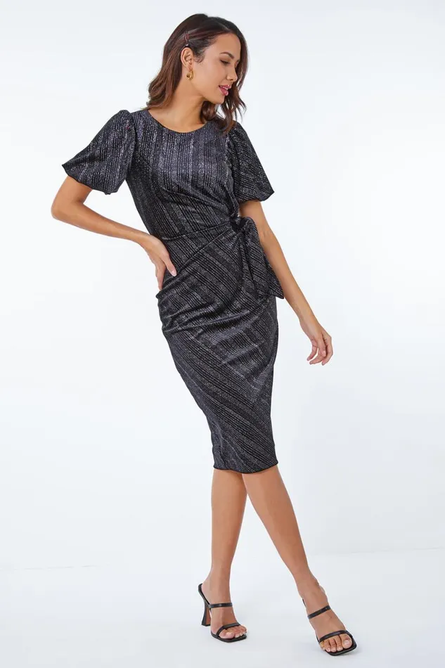 Black Glitter Velvet Puff Sleeve Ruched Midi Dress Women Roman Dresses