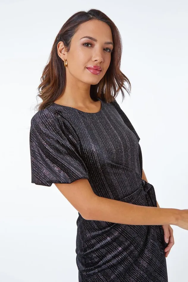 Black Glitter Velvet Puff Sleeve Ruched Midi Dress Women Roman Dresses