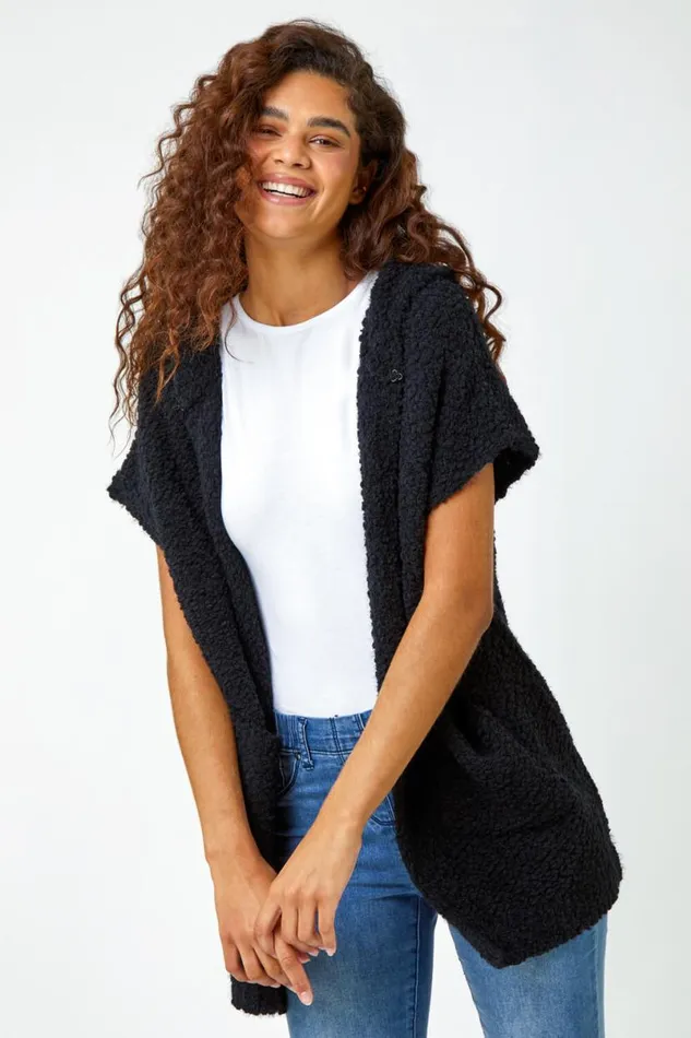 Black Hooded Teddy Longline Cardigan Women Roman Knitwear