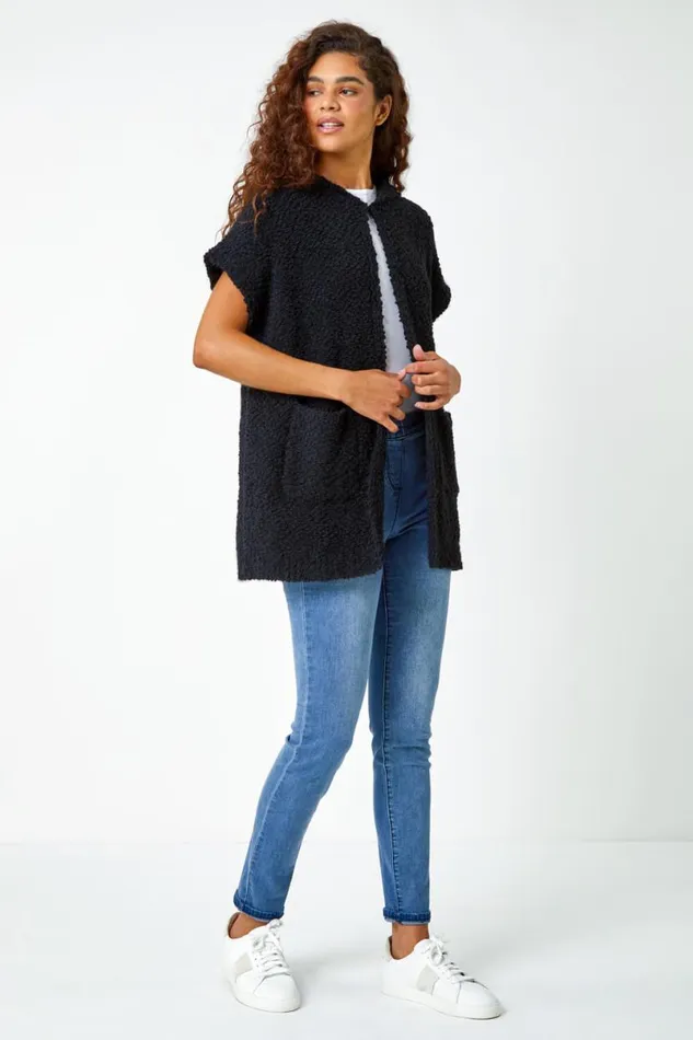 Black Hooded Teddy Longline Cardigan Women Roman Knitwear