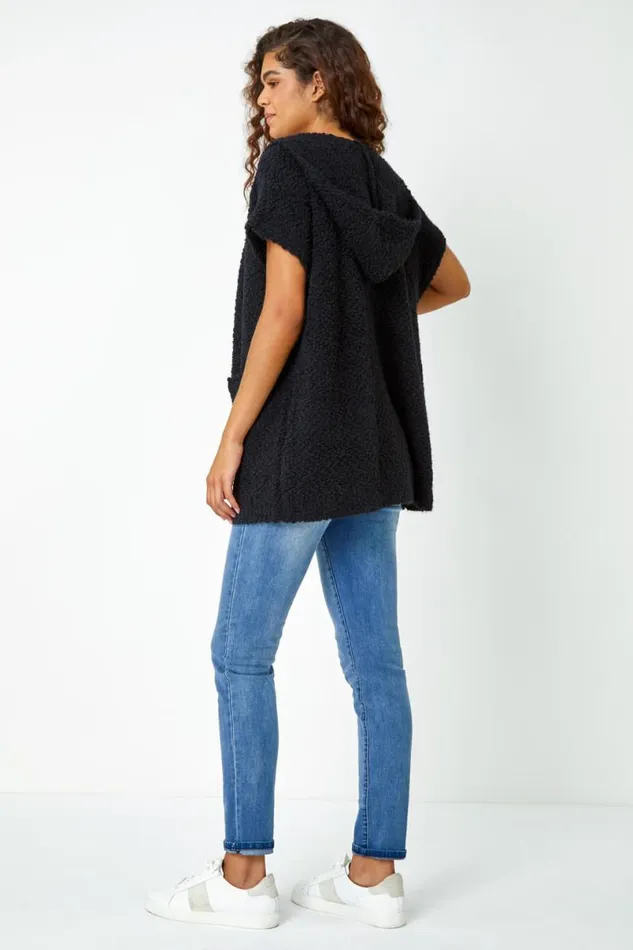 Black Hooded Teddy Longline Cardigan Women Roman Knitwear