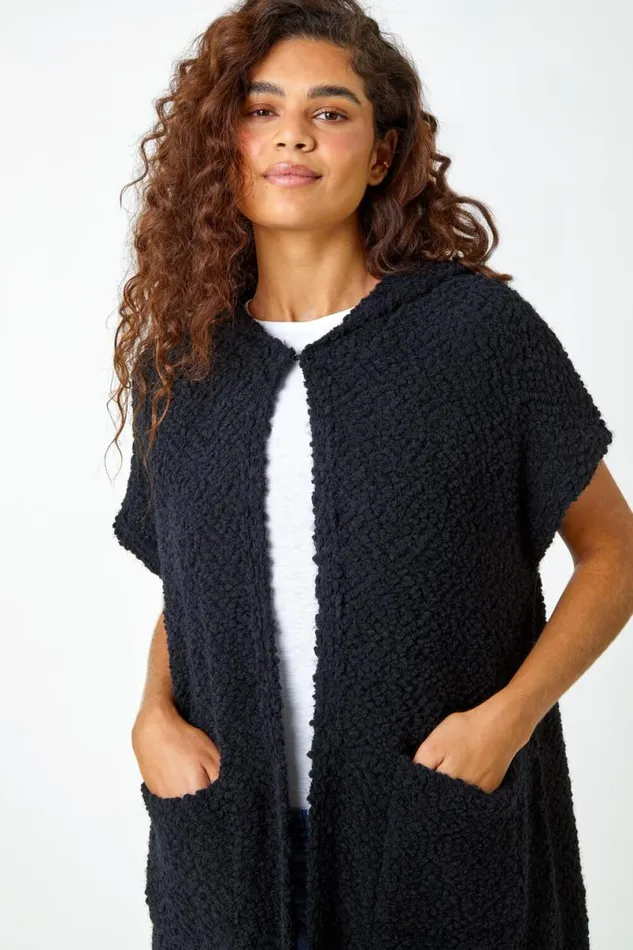 Black Hooded Teddy Longline Cardigan Women Roman Knitwear
