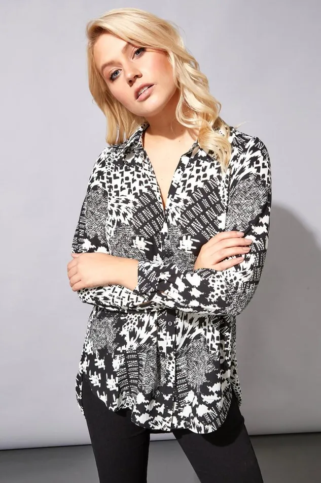 Black Houndstooth Button Through Blouse Women Roman Tops