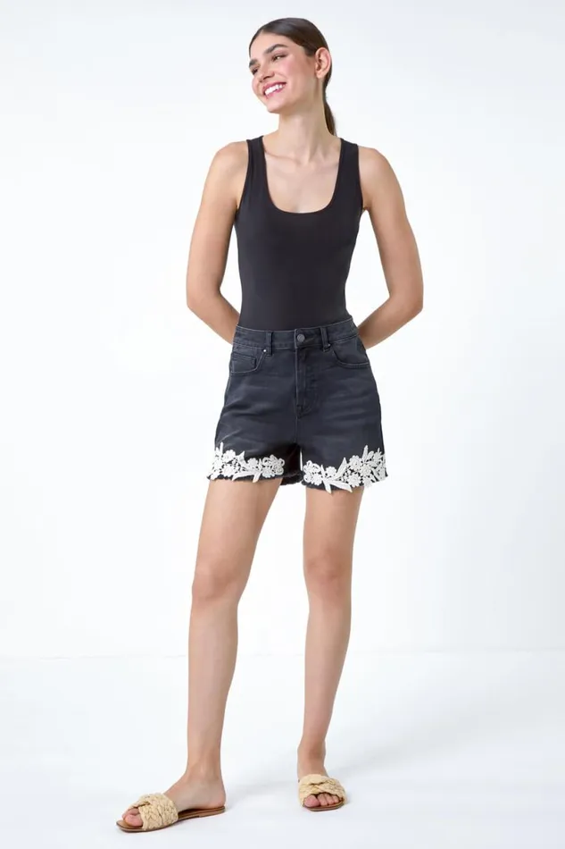 Black Lace Detail Denim Stretch Shorts Women Roman Trousers
