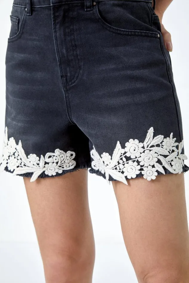 Black Lace Detail Denim Stretch Shorts Women Roman Trousers