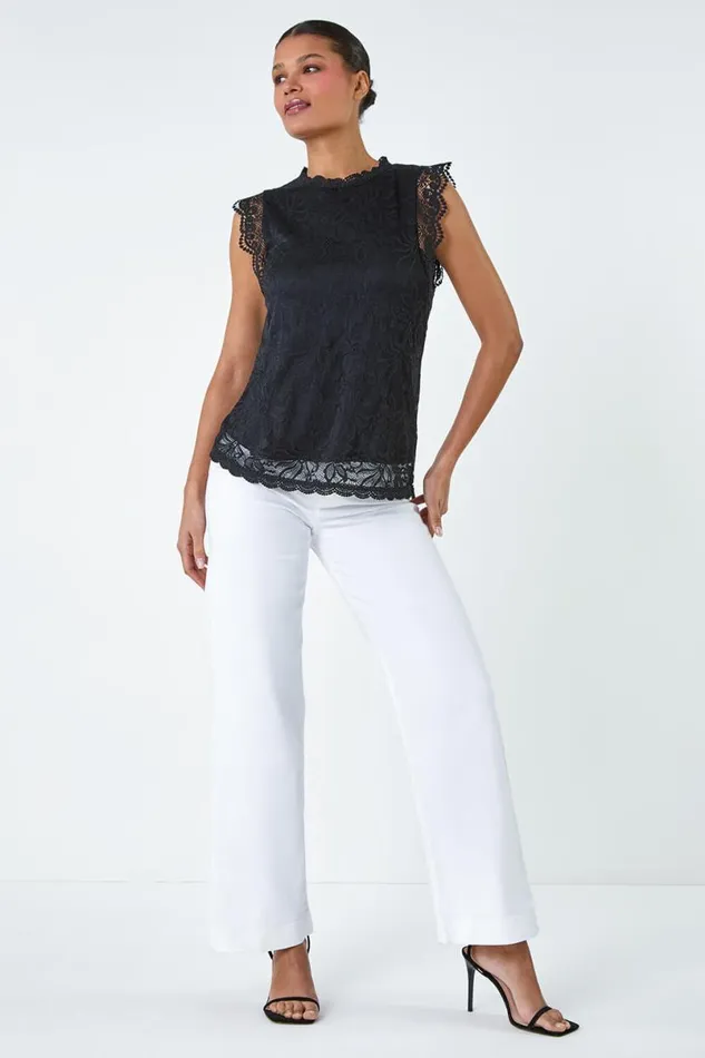 Black Lace Overlay Stretch Top Women Roman Tops