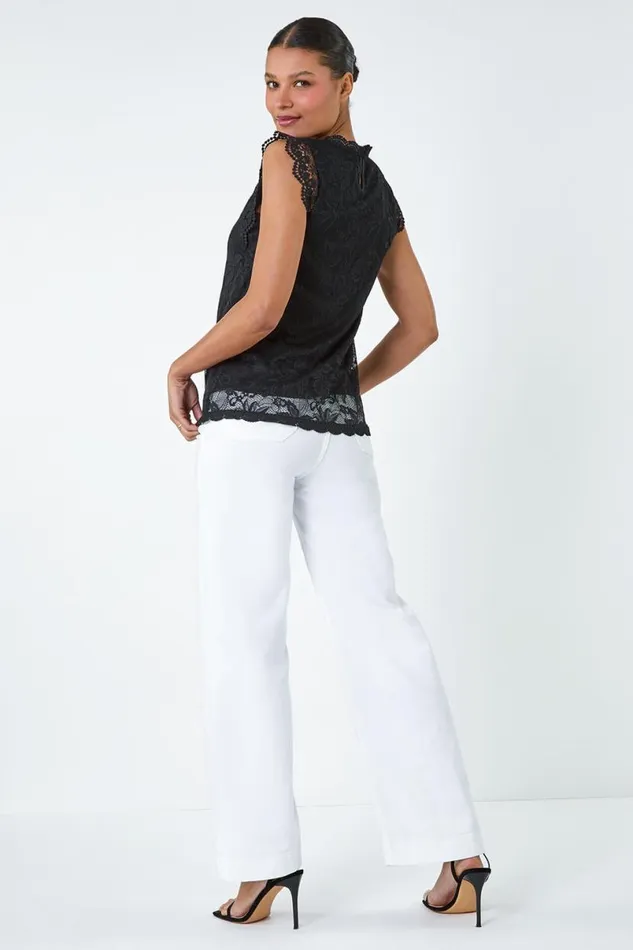 Black Lace Overlay Stretch Top Women Roman Tops
