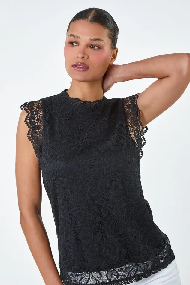Black Lace Overlay Stretch Top Women Roman Tops