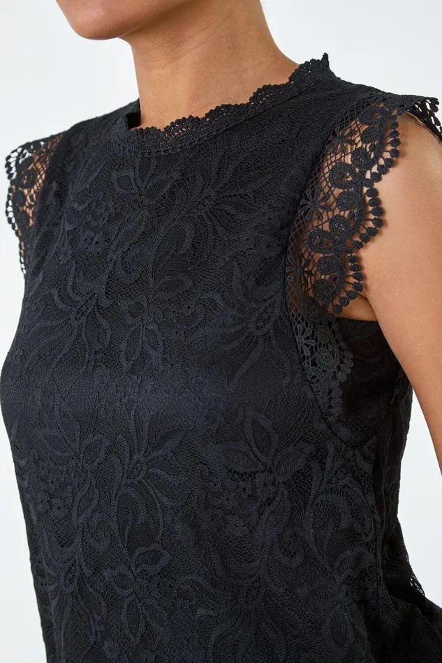 Black Lace Overlay Stretch Top Women Roman Tops