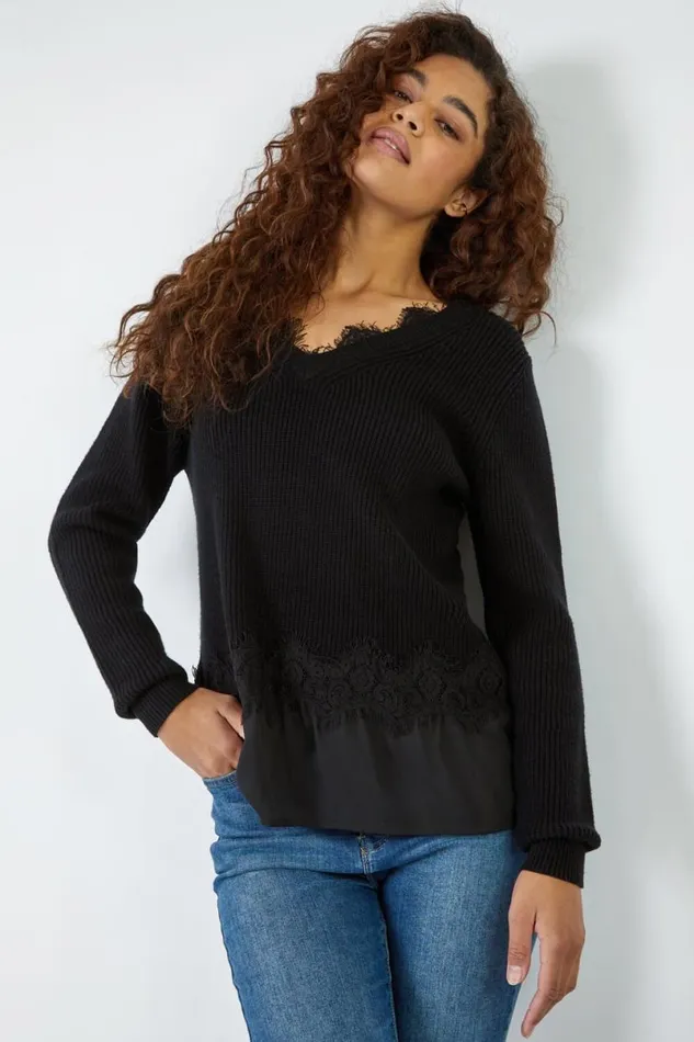 Black Lace Trim Chiffon Hem Jumper Women Roman Knitwear