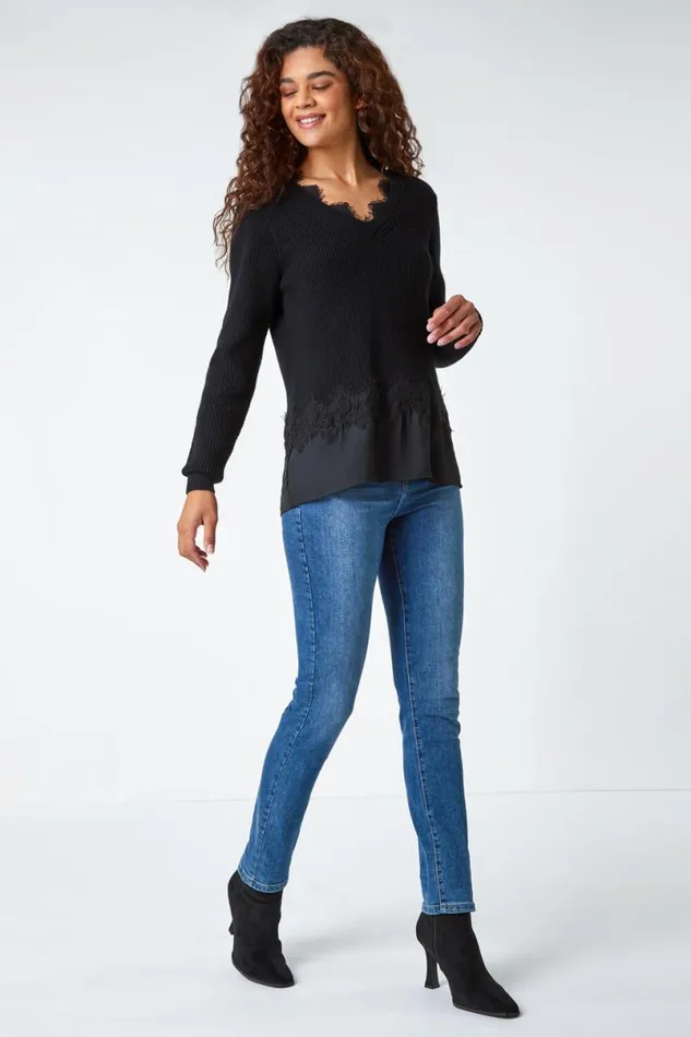 Black Lace Trim Chiffon Hem Jumper Women Roman Knitwear
