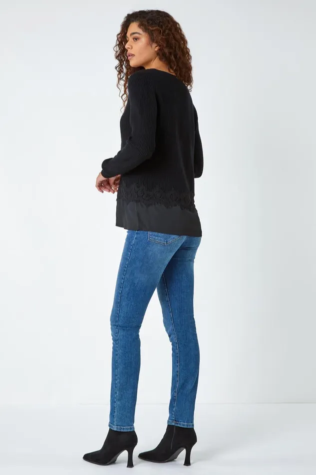 Black Lace Trim Chiffon Hem Jumper Women Roman Knitwear