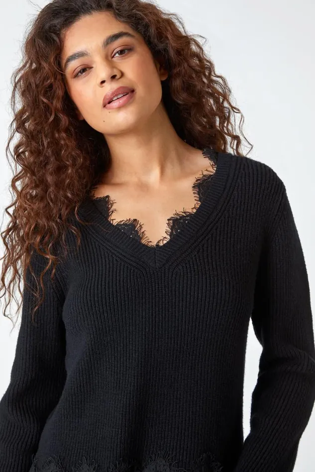 Black Lace Trim Chiffon Hem Jumper Women Roman Knitwear
