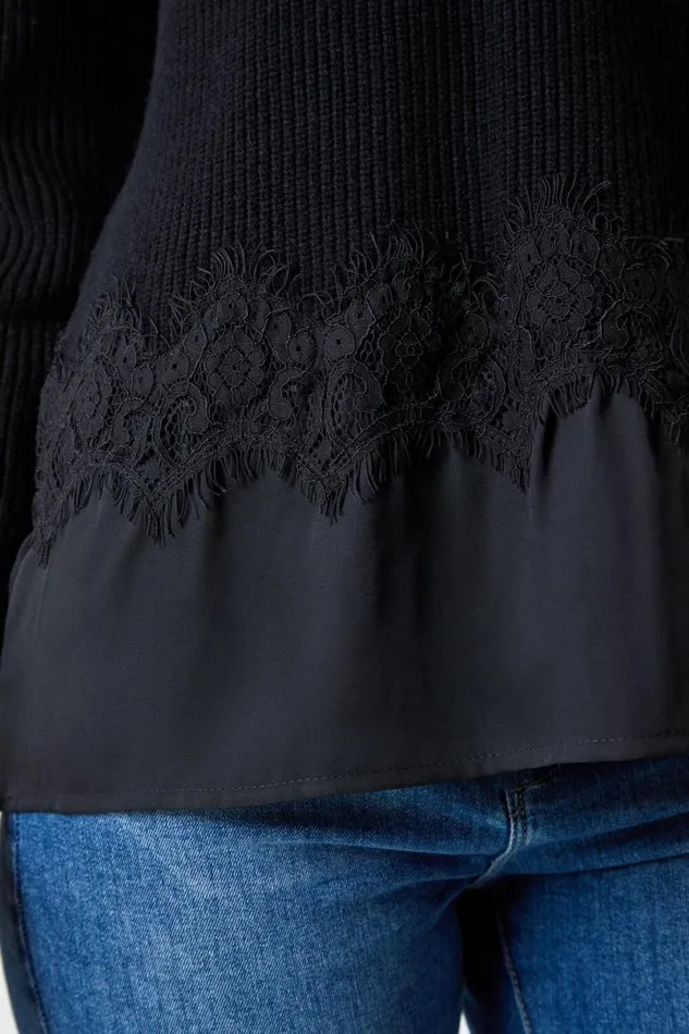 Black Lace Trim Chiffon Hem Jumper Women Roman Knitwear