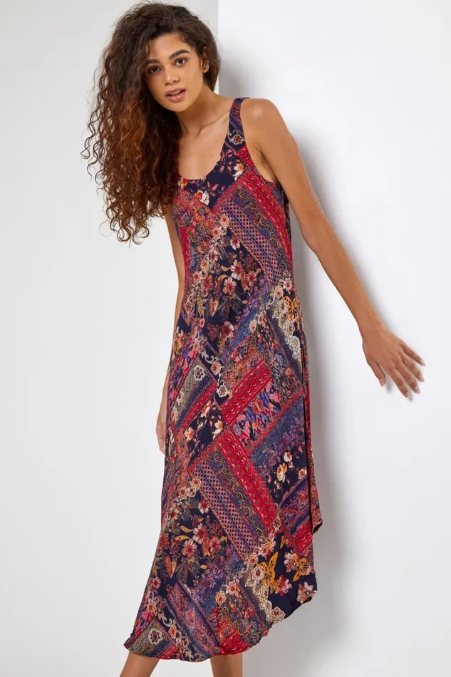 Black Patchwork Print Curved Hem Dress Women Roman Dresses