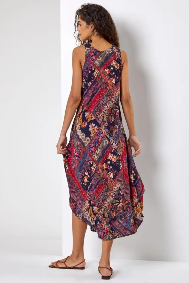 Black Patchwork Print Curved Hem Dress Women Roman Dresses