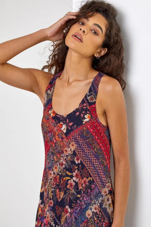 Black Patchwork Print Curved Hem Dress Women Roman Dresses