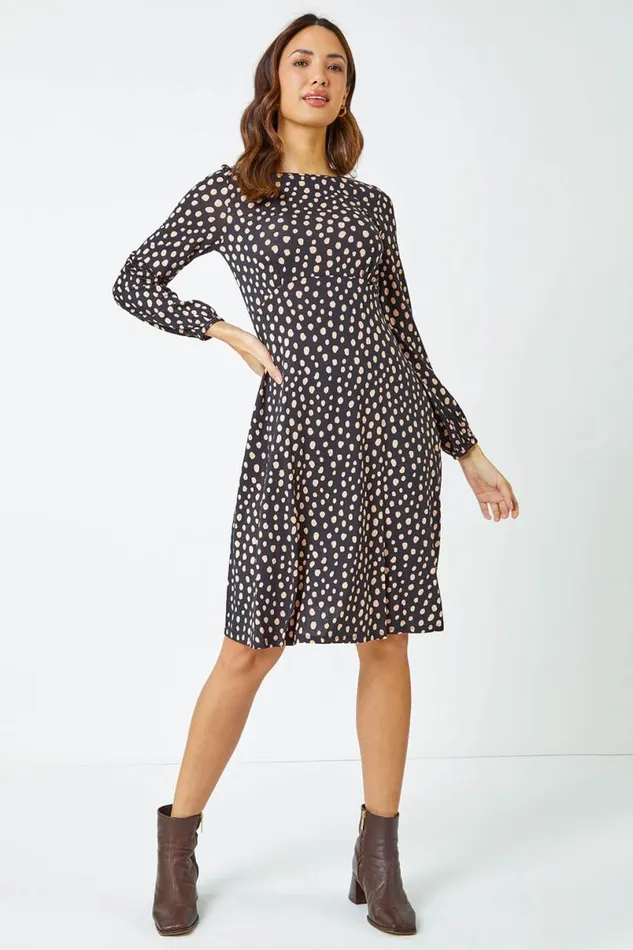 Black Pebble Spot Tea Dress Women Roman Dresses