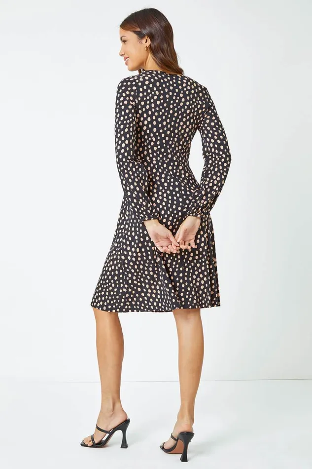 Black Pebble Spot Tea Dress Women Roman Dresses