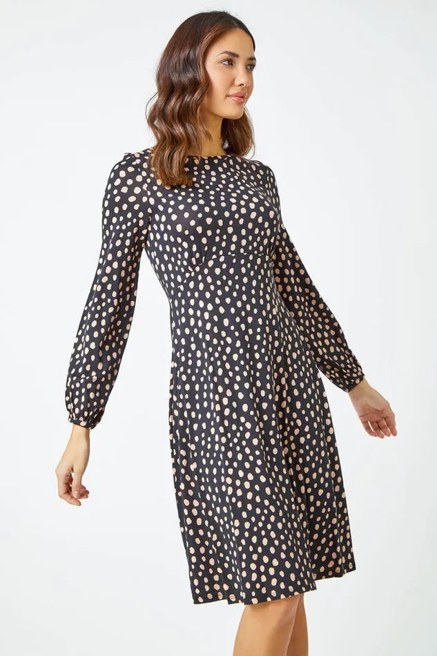 Black Pebble Spot Tea Dress Women Roman Dresses