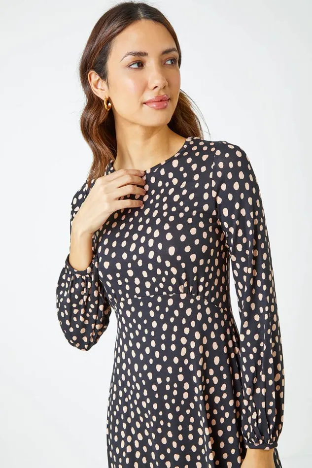 Black Pebble Spot Tea Dress Women Roman Dresses