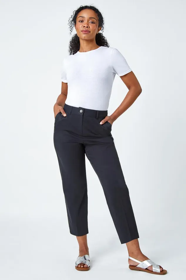 Black Petite Cotton Blend Stretch Trousers Women Roman Trousers