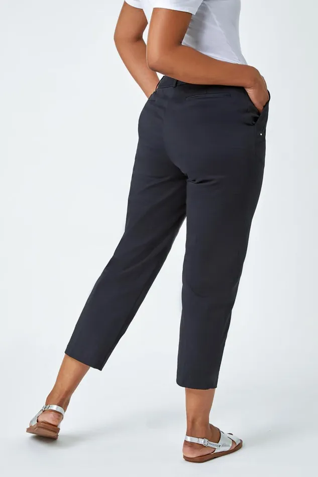 Black Petite Cotton Blend Stretch Trousers Women Roman Trousers