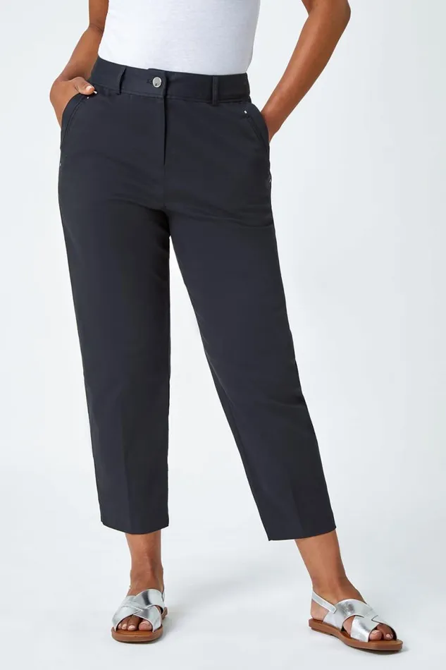 Black Petite Cotton Blend Stretch Trousers Women Roman Trousers