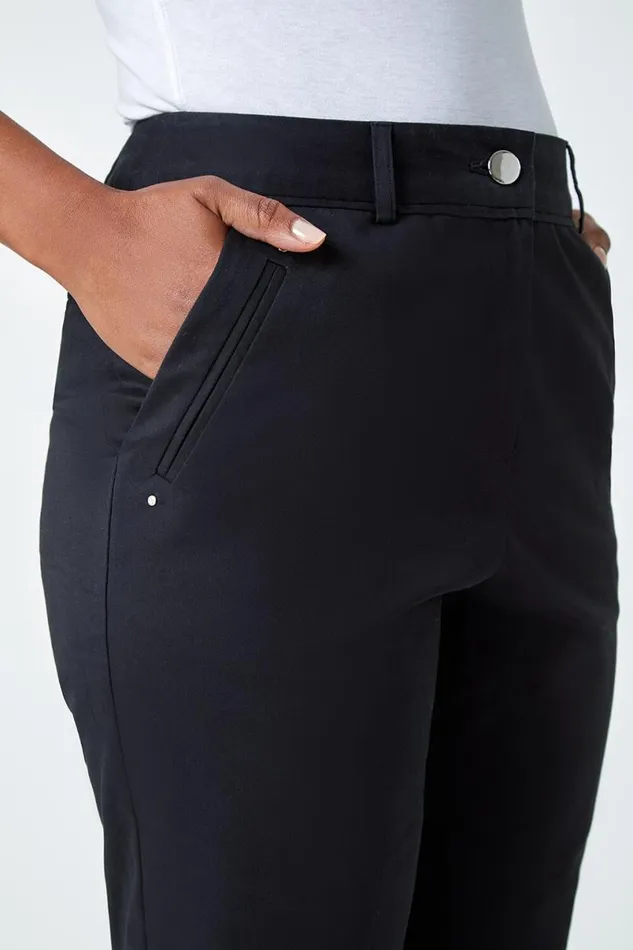 Black Petite Cotton Blend Stretch Trousers Women Roman Trousers
