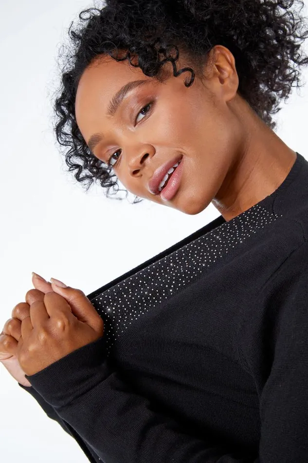 Black Petite Diamante Embellished Cardigan Women Roman Knitwear
