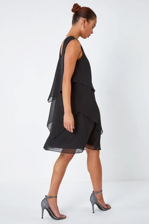 Black Petite Embellished Chiffon Tiered Shift Dress Women Roman Dresses