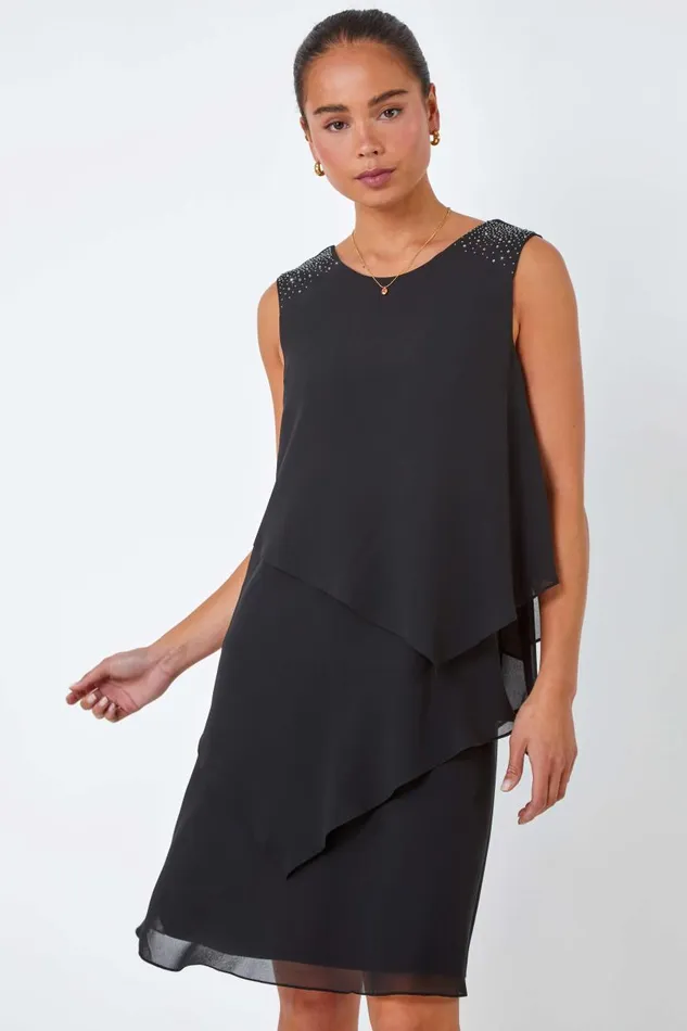 Black Petite Embellished Chiffon Tiered Shift Dress Women Roman Dresses