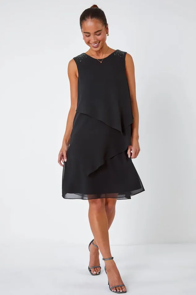 Black Petite Embellished Chiffon Tiered Shift Dress Women Roman Dresses