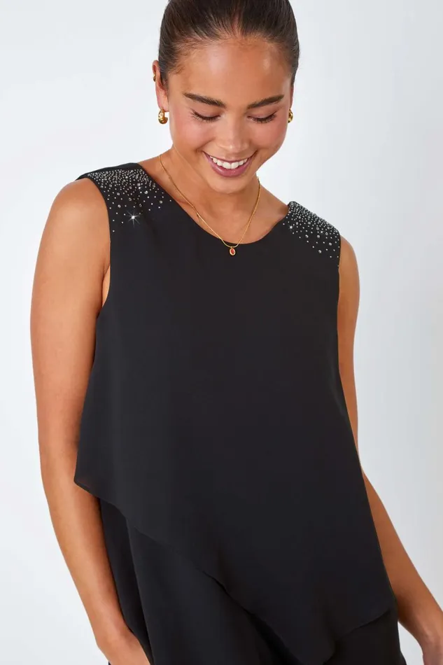 Black Petite Embellished Chiffon Tiered Shift Dress Women Roman Dresses