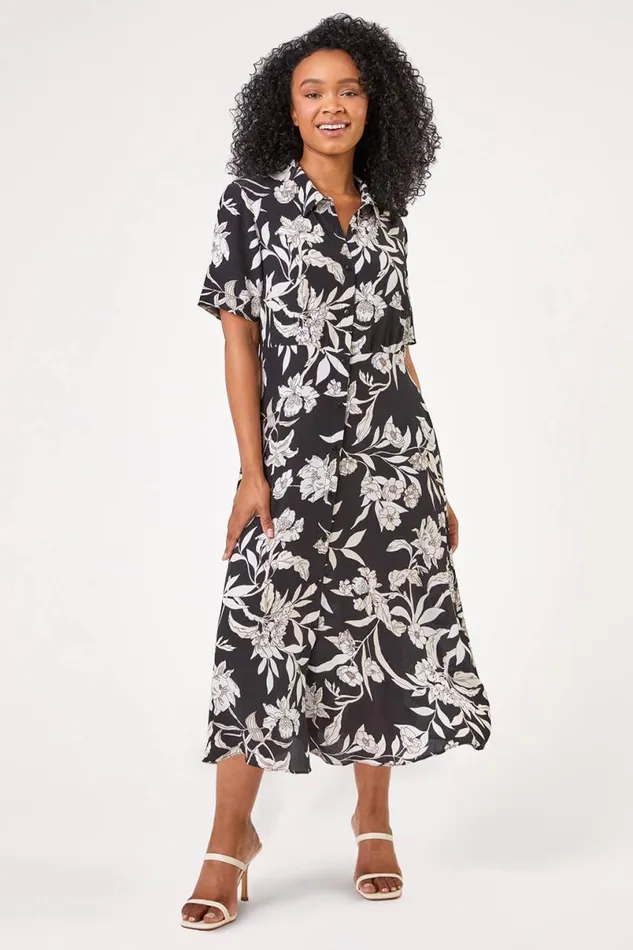 Black Petite Floral Print Relaxed Shirt Dress Women Roman Dresses